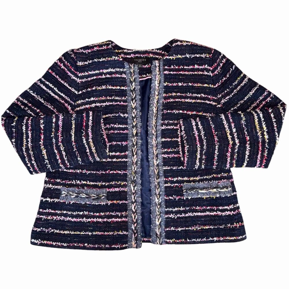 Talbots Sz 14P Navy Blue Tweed Blazer Jacket Braided Multicolor Fringe Preppy